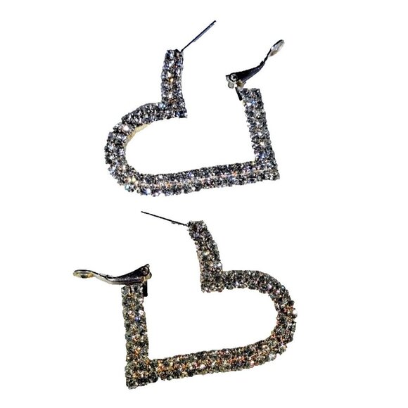 Pair of Earrings, Heart Shaped Embellished w/ Clear Crystals 1.5" x 1.75", Prom - Picture 2 of 4